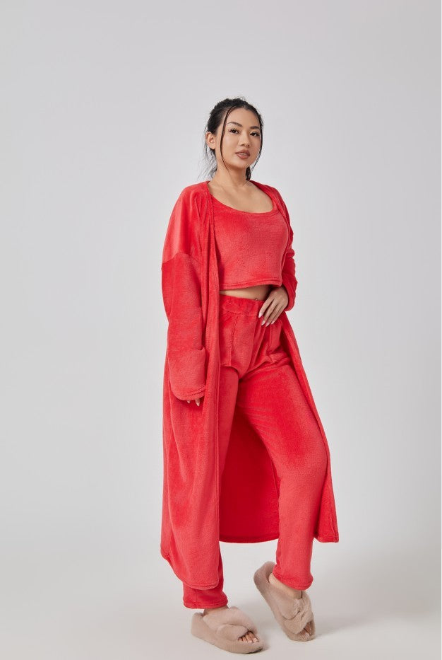 Women's Fuzzy 3 Piece Sweatsuit Open Front Cardigan Crop Tank Tops Wide Legs Pants Lounge Sets