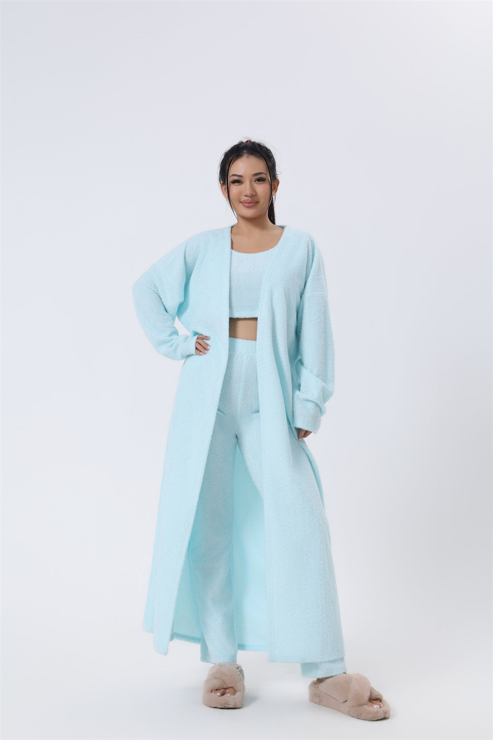 Women's Fuzzy 3 Piece Sweatsuit Open Front Cardigan Crop Tank Tops Wide Legs Pants Lounge Sets