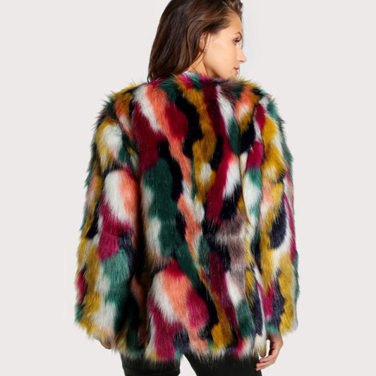 Elegant Colorful Fashion Long Sleeve Collarless Casual Faux Fur Coat