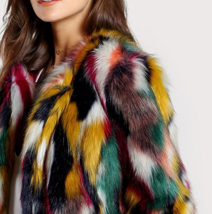 Elegant Colorful Fashion Long Sleeve Collarless Casual Faux Fur Coat