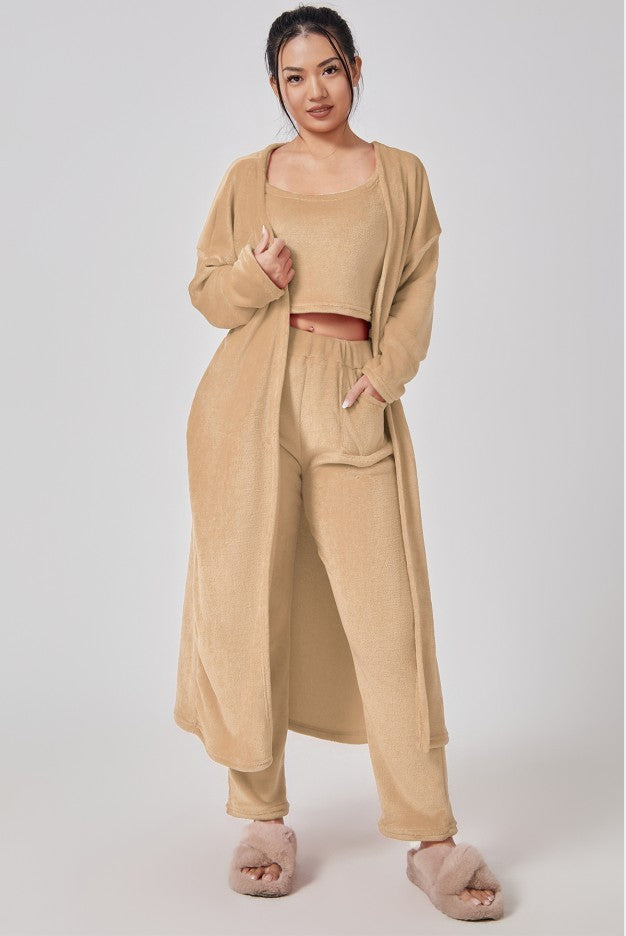 Women's Fuzzy 3 Piece Sweatsuit Open Front Cardigan Crop Tank Tops Wide Legs Pants Lounge Sets
