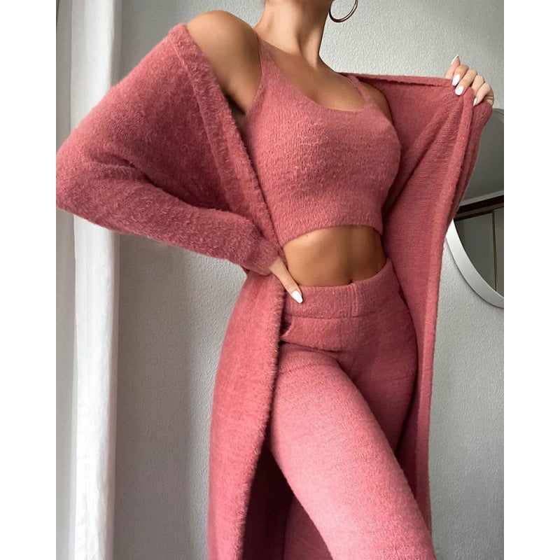 Women's Fuzzy 3 Piece Sweatsuit Open Front Cardigan Crop Tank Tops Wide Legs Pants Lounge Sets