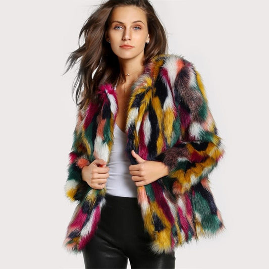 Elegant Colorful Fashion Long Sleeve Collarless Casual Faux Fur Coat