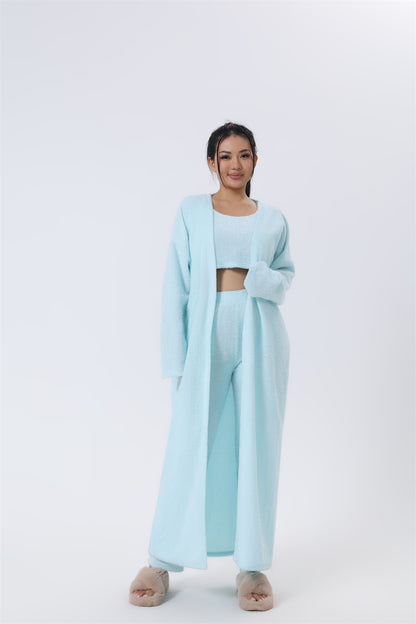 Women's Fuzzy 3 Piece Sweatsuit Open Front Cardigan Crop Tank Tops Wide Legs Pants Lounge Sets