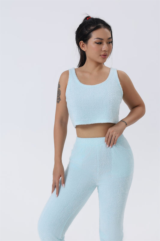 Women's Fuzzy 3 Piece Sweatsuit Open Front Cardigan Crop Tank Tops Wide Legs Pants Lounge Sets