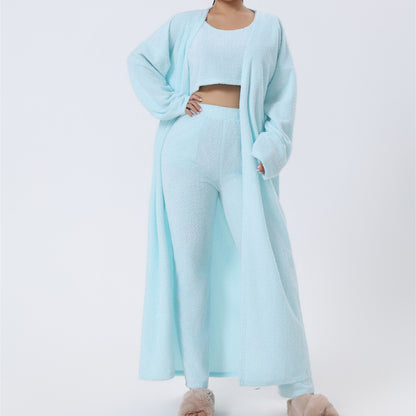 Women's Fuzzy 3 Piece Sweatsuit Open Front Cardigan Crop Tank Tops Wide Legs Pants Lounge Sets