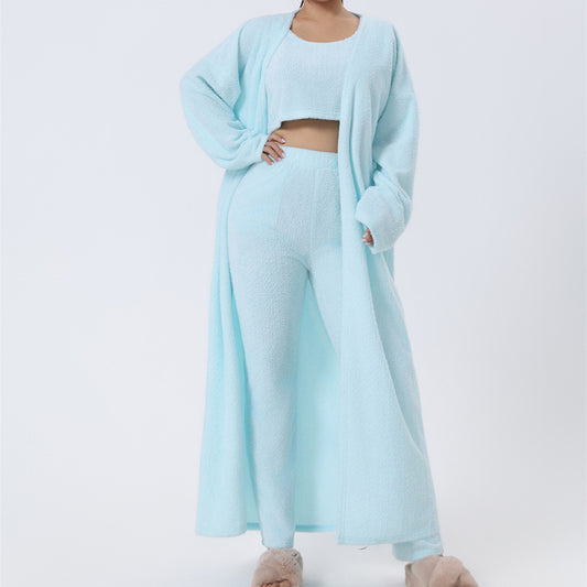 Women's Fuzzy 3 Piece Sweatsuit Open Front Cardigan Crop Tank Tops Wide Legs Pants Lounge Sets