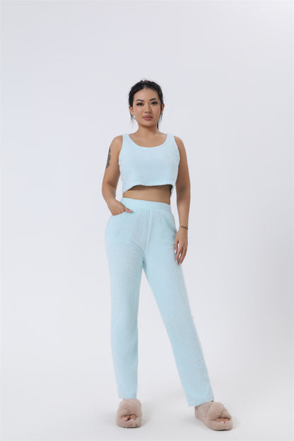 Women's Fuzzy 3 Piece Sweatsuit Open Front Cardigan Crop Tank Tops Wide Legs Pants Lounge Sets