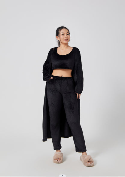 Women's Fuzzy 3 Piece Sweatsuit Open Front Cardigan Crop Tank Tops Wide Legs Pants Lounge Sets