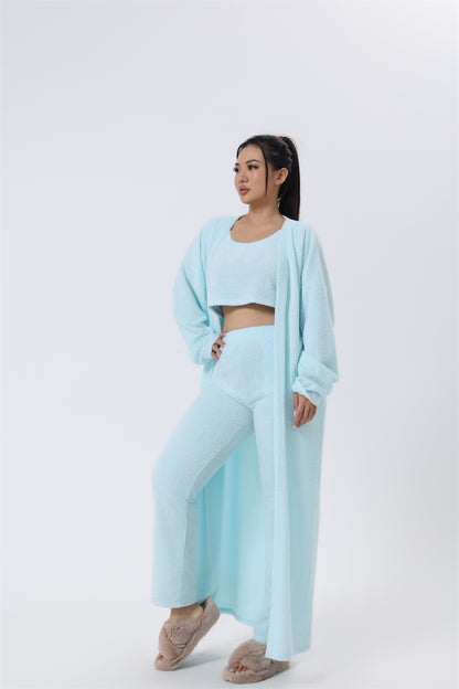 Women's Fuzzy 3 Piece Sweatsuit Open Front Cardigan Crop Tank Tops Wide Legs Pants Lounge Sets