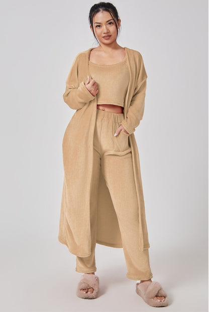 Women's Fuzzy 3 Piece Sweatsuit Open Front Cardigan Crop Tank Tops Wide Legs Pants Lounge Sets