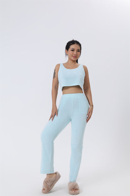 Women's Fuzzy 3 Piece Sweatsuit Open Front Cardigan Crop Tank Tops Wide Legs Pants Lounge Sets