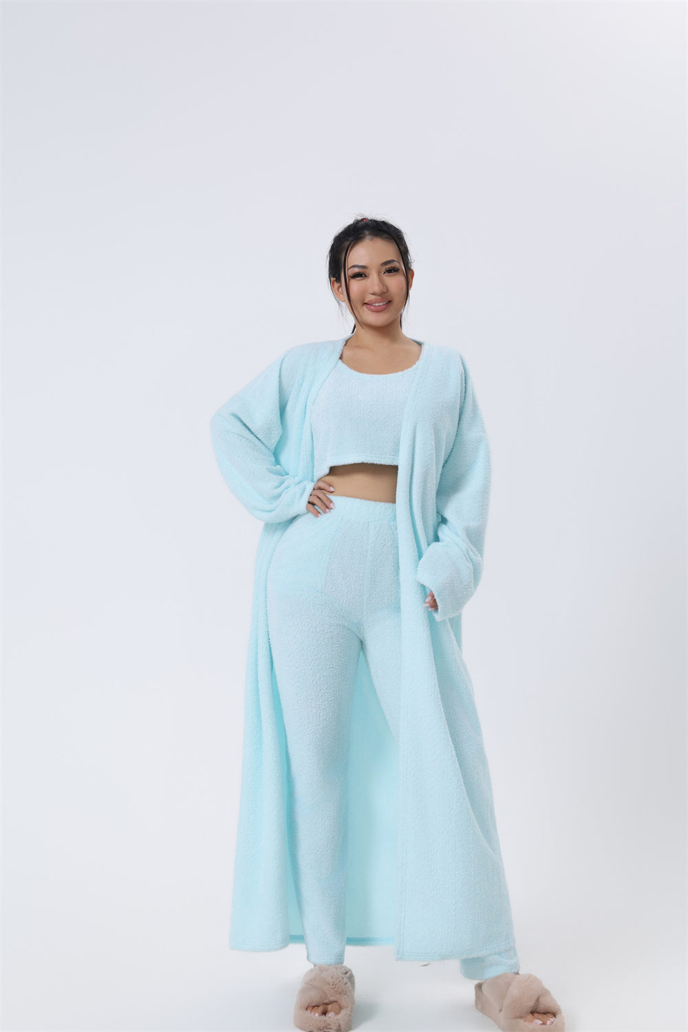 Women's Fuzzy 3 Piece Sweatsuit Open Front Cardigan Crop Tank Tops Wide Legs Pants Lounge Sets