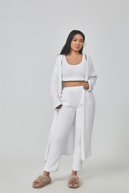 Women's Fuzzy 3 Piece Sweatsuit Open Front Cardigan Crop Tank Tops Wide Legs Pants Lounge Sets